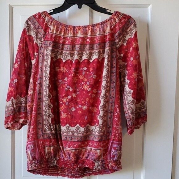 BOJO COTTON PEASANT TOP SIZE MEDIUM RED GREEN TAN WESTERN RODEO BANDANA COWGIRL - Picture 6 of 8